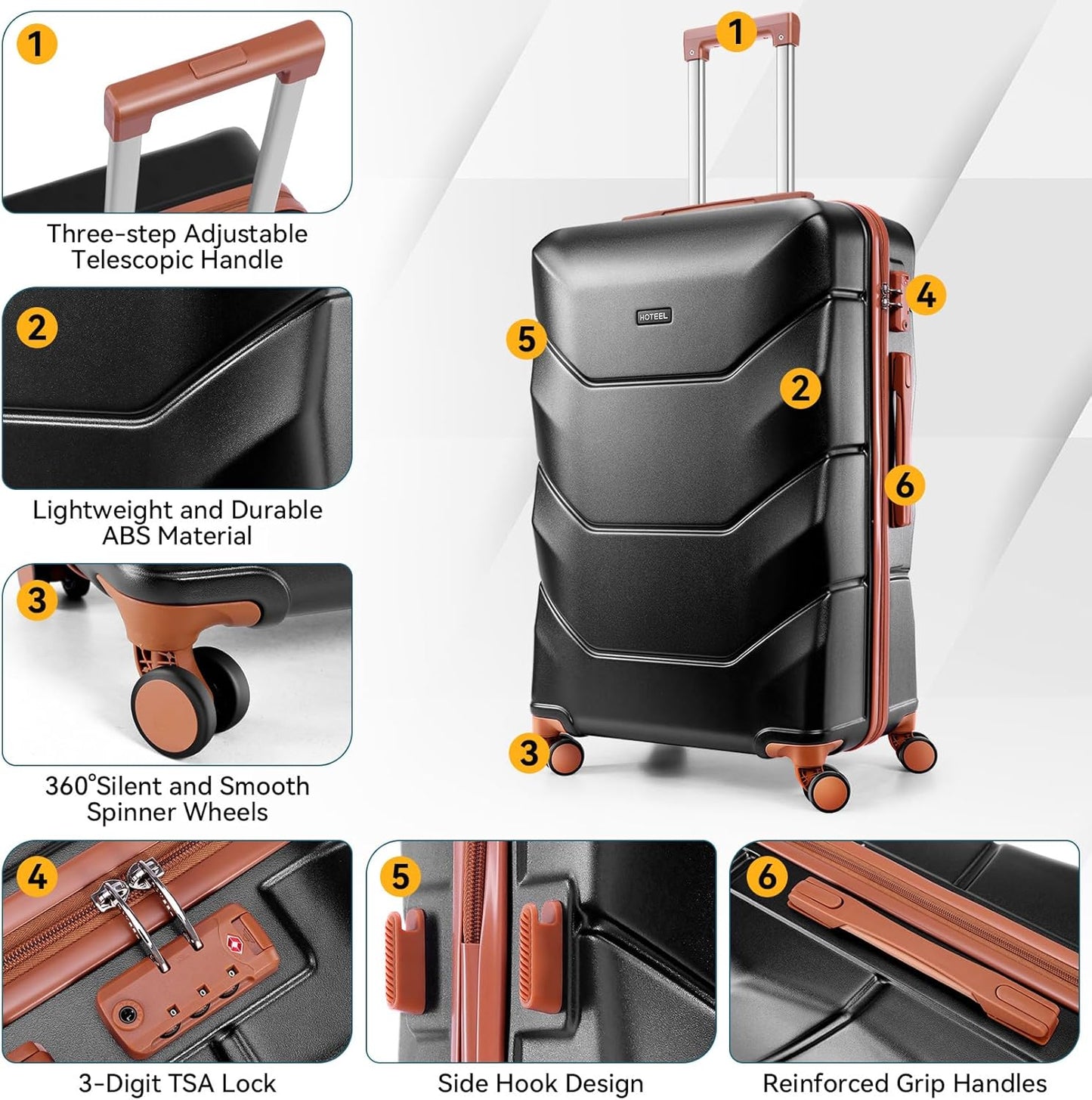 Hoteel Luggage Set 3 Piece, 4-Yr Warranty Wet & Dry Separation ABS Hardshell Suitcase with Spinner Wheels TSA Lock, Lightweight Travel Carry on Luggages for Business, Black(20/24/28)