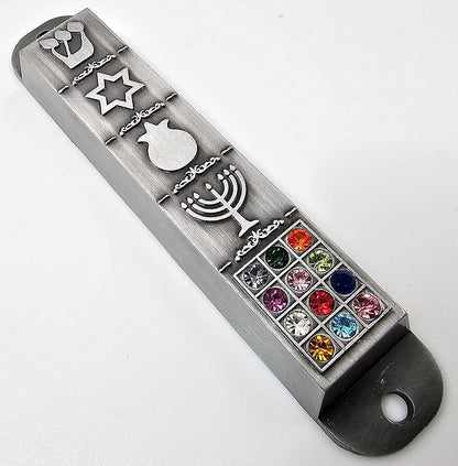 Pewter Mezuzah Case with Scroll for Door 3D Jewish Star of David Jerusalem Menorah 12 Tribes of Israel Mezuza Judaica Gift 10 cm / 4 inch