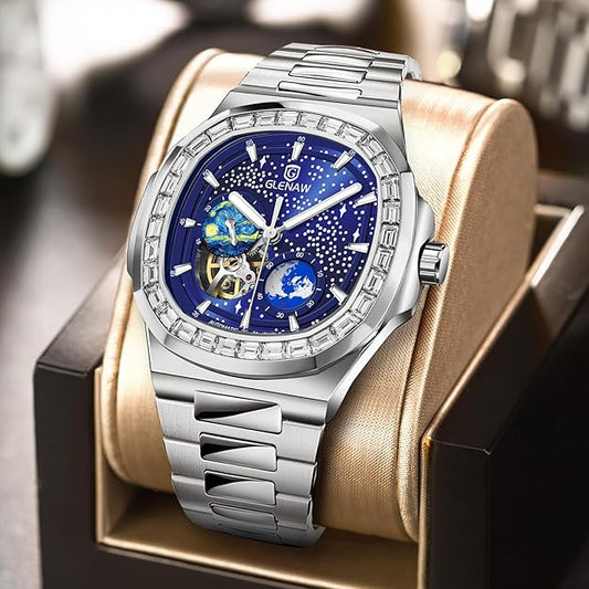 Automatic Tourbillon Watches for Men, Square Skeleton Watch Stainless Steel Self-Winding Mechanical Watch Wrist Watch