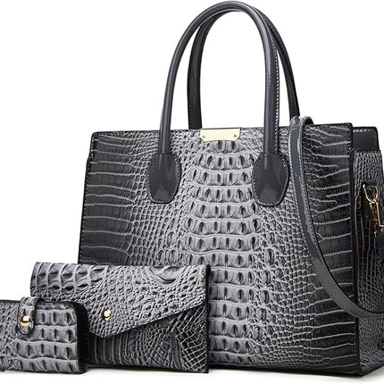 KingTo Women's Bag 3 Pcs Set Luxury Crocodile Pattern Tote Handbag Vegan Leather Wallet Card Top Handle Satchel Purse Set