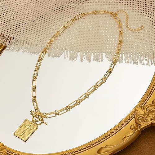 Moodear Cross Necklace for Women Trendy Chunky 14K Gold Plated/Silver Plated Cross Pendant Necklace Toggle Clasp Paperclip Chain Dainty Charm Necklace Fashion Religious Simple Jewelry Christian Christmas Gifts for Women