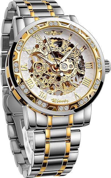 Winner Retro Manual Mechanical Skeleton Watch with Diamond and Carving Flower Craft Men Skeleton Wrist Watch Mechanical Classic Roman Number