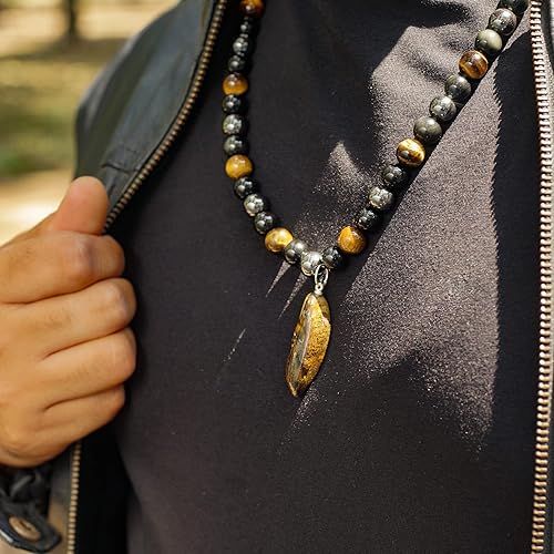 Triple Protection Beaded Necklace of Hematite, Tiger’s Eye & Obsidian with Tiger Stone Pendant