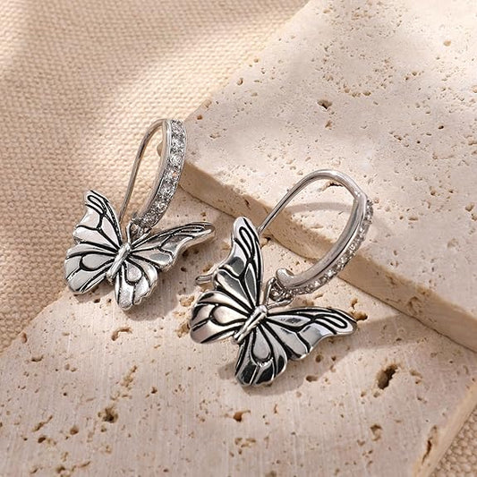 Vintage Silver Dangle Butterfly Earrings for Women Punk Butterfly Cubic Zirconia Huggie Hoop Earrings Drop Intersect Fairy Butterfly Earrings Spring Summer Jewelry Gift for Women