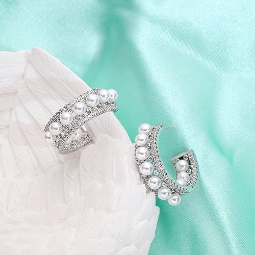 Crystal Oval Hoop Earrings for Women 925 Sterling Silver Post Small Pearl CZ Rhinestone Hoop Earrings for Women Girls