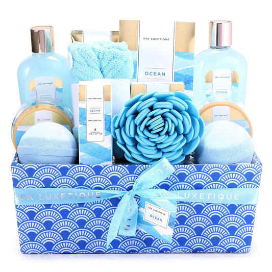 Spa Gift Basket for Women, Spa Luxetique Bath Gift Set - 12 Pcs Ocean Scented Home Bath Kit, Includes Bath Bombs, Body Scrub, Bubble Bath, Body Lotion & More, Spa Set for Women Gift