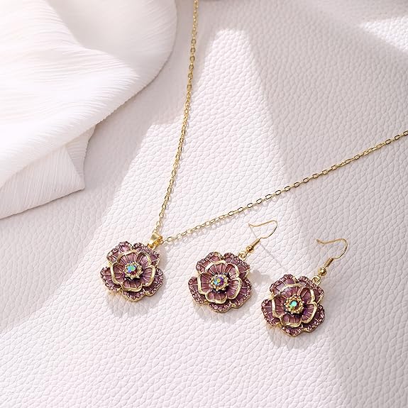 EleQueen Rhinestone Crystal Enamel Flower Necklace Earrings Set 18K Gold Plated Hypoallergenic Jewelry Sets Gift for Women Girls