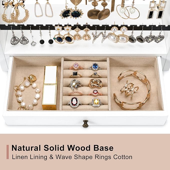 Pinzoveco Earring Organizer, 5 Layer Earring Holder Organizer with Necklace Holder Pole, Rustic Wood Jewelry Organizer Stand Display for Stud Earring Bracelet Necklace Ring, 175 Earring Holes