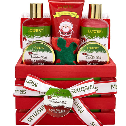 Bath and Body Christmas Gift Basket For Women and Men – Cherry Twinkle Bell Home Spa Set, IncludesFragrant Body Lotions, Bath Salts, Stocking Stuffer,Loofah Scrubber and More