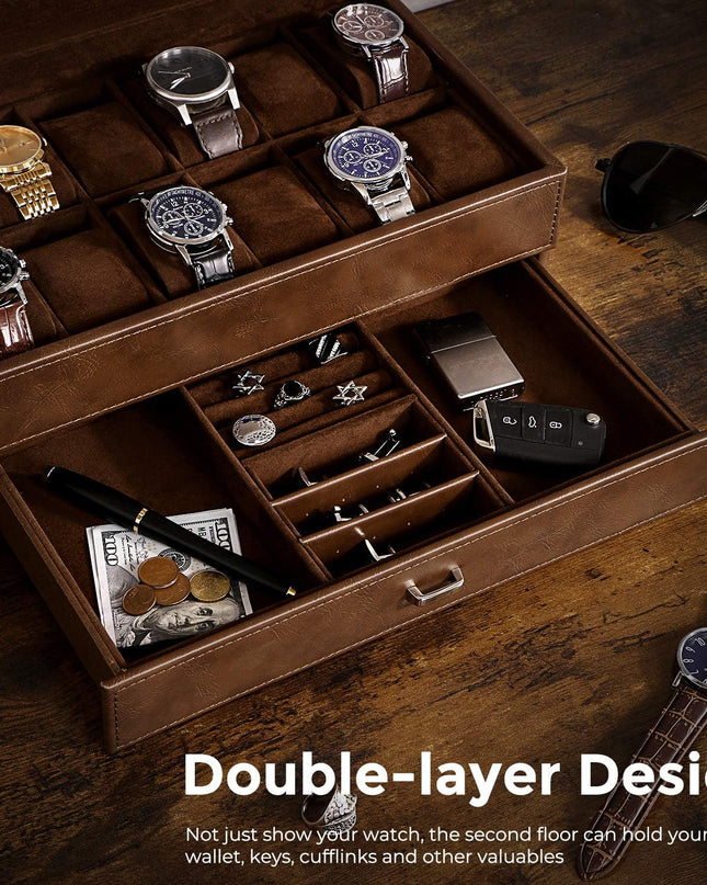 BEWISHOME Watch Box for Men Luxury Watch Organizer Faux Leather Watch Case with Jewelry Drawer, Real Glass Top, Metal Hinge, Brown SSH12Z