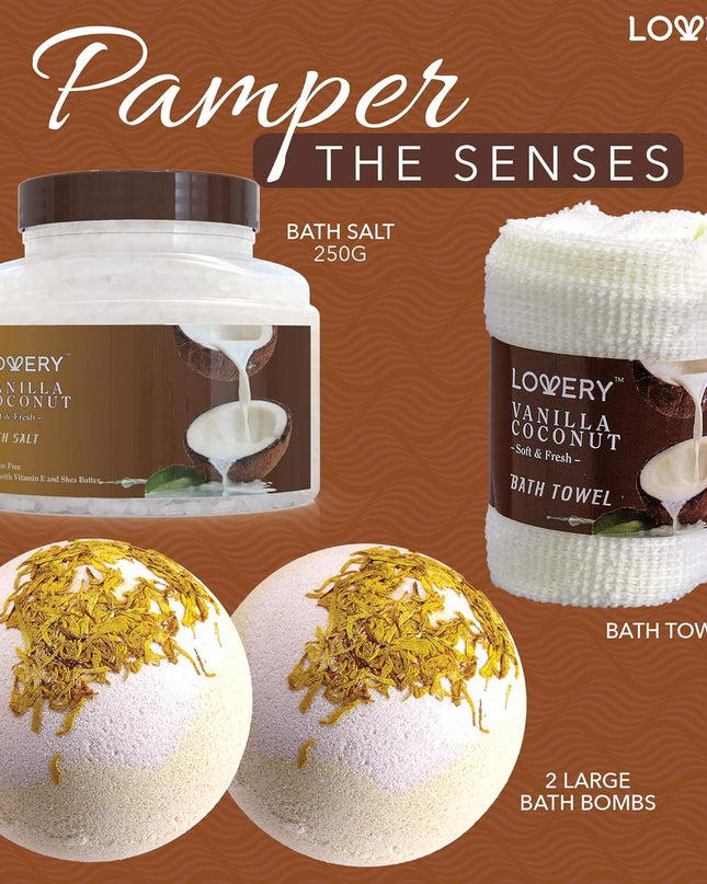 Bath and Body Gift Basket For Women and Men – 9 Piece Set of Vanilla Coconut Home Spa Set, Includes Fragrant Lotions, Extra Large Bath Bombs, Coconut Oil, Luxurious Bath Towel & More