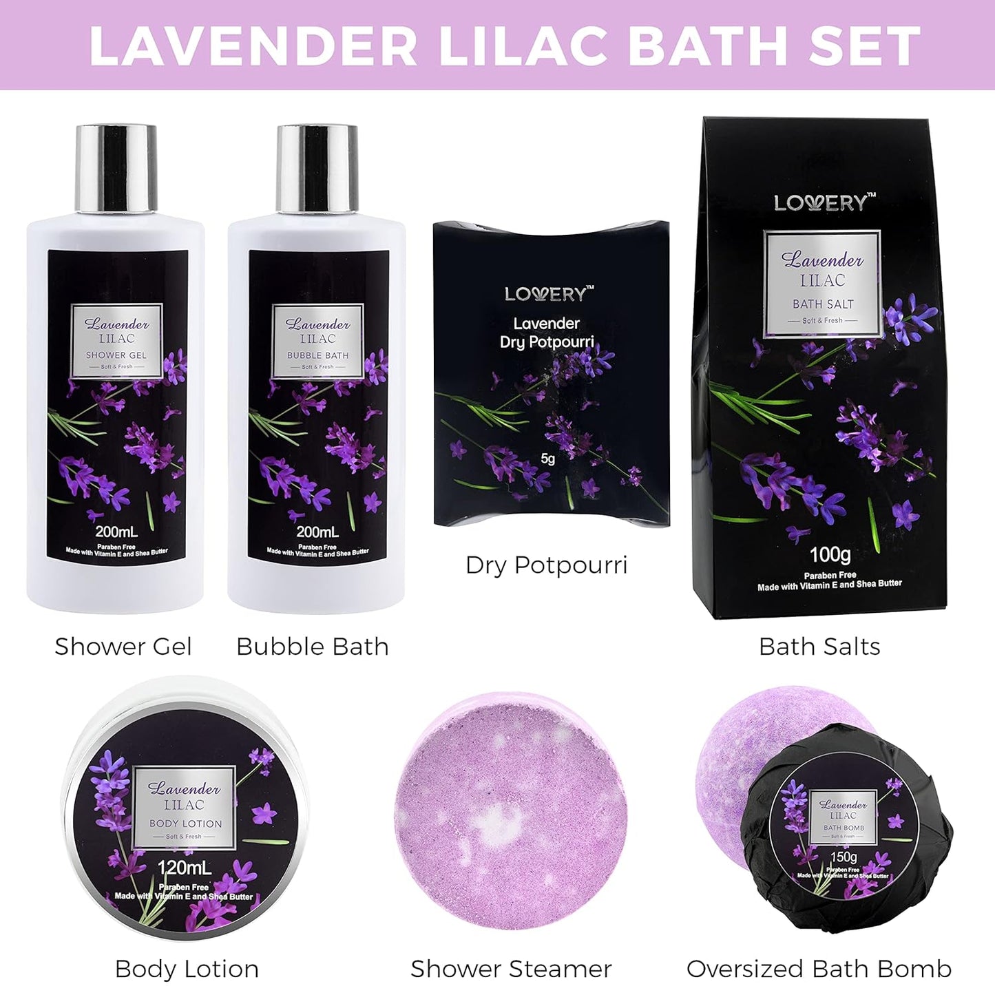 Christmas Gift Basket Bath and Body Gifts for Men – Spa GiftBaskets for Women, Lavender Lilac Spa Kit, Bubble Bath,Bath Bomb, Shower Gel, Potpourri, Handmade Basket &More, Self Care Gifts for Women