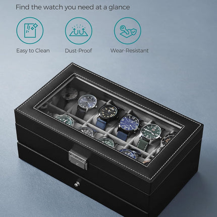 SONGMICS 12-Slot Watch Box, Lockable Watch Case with Glass Lid, 2 Layers, with 1 Drawer for Rings, Bracelets,Christmas Gift, Black Synthetic Leather, Gray Lining UJWB012