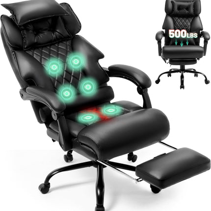 Massage Office Chair with Foot Rest,6 Points Vibration & Heat Executive Office Chairs,500LBS Big and Tall Office Chair for Heavy People,Ergonomic Reclining Desk Chair,Dual-Use Pillow,Home Office,Black