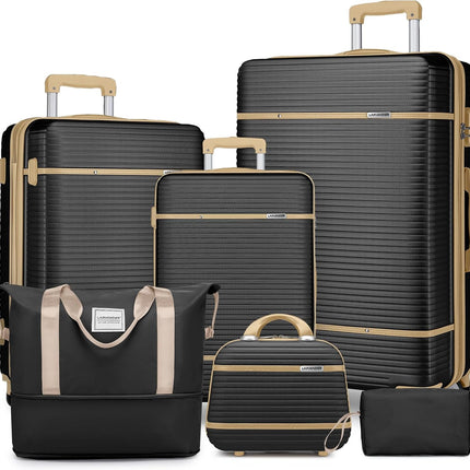 LARVENDER Luggage Sets 6 Piece with Duffel Bag, Expandable(Only 28 & 24") Hardside Luggage with Cosmetic Case 360° Spinner Wheels, Durable Luggage Set Clearance For Women Men, Black