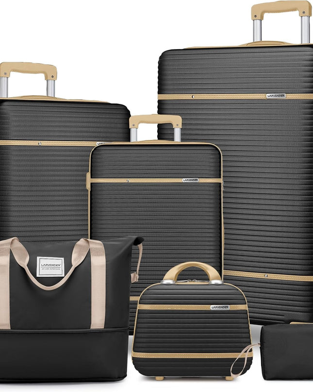 LARVENDER Luggage Sets 6 Piece with Duffel Bag, Expandable(Only 28 & 24") Hardside Luggage with Cosmetic Case 360° Spinner Wheels, Durable Luggage Set Clearance For Women Men, Black