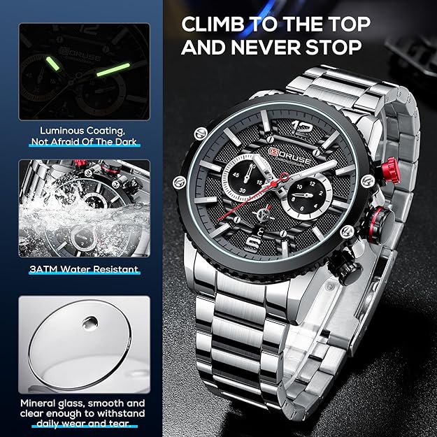 Mens Watches Luxury Silver Stainless Steel Chronograph Watch Fashion Business Big Face Waterproof Luminous Calendar Analog Quartz Wristwatch