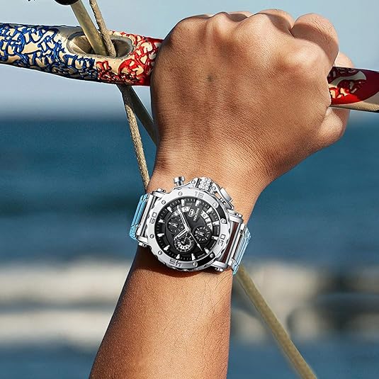 NEKTOM Watches for Men with Stainless Steel, Quartz Analog Watch with Date, Luxury Minimalist Dress Mens Watches, Chronograph Watch, 3ATM Waterproof, Black Wristwatch, Gifts for Men