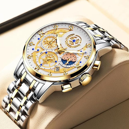 Moon Phase Watch for Men Multifunction Chronograph Dial Analog Quartz Wristwatch Luxury Diamond Business Dress Watch with Luminous Waterproof Calendar Stainless Steel Strap