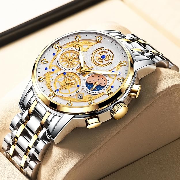 Moon Phase Watch for Men Multifunction Chronograph Dial Analog Quartz Wristwatch Luxury Diamond Business Dress Watch with Luminous Waterproof Calendar Stainless Steel Strap