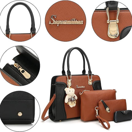 Soperwillton Women's Fashion Handbags Tote Bags Shoulder Bag Top Handle Satchel Purse Set 4pcs