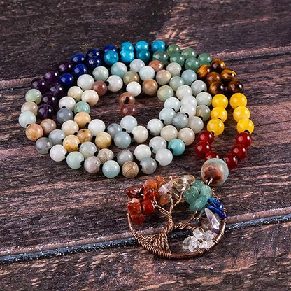 Bivei 108 Mala Beads Necklace Tree of Life 7 Chakra Wrap Bracelet Real Healing Gemstone Yoga Meditation Hand Knotted Mala Prayer Bead Necklace