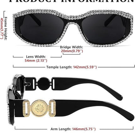 FEISEDY Rectangle Rhinestone Sunglasses for Women Men Bling Jeweled Retro Square Sunglasses 90s Vintage Shades B0091