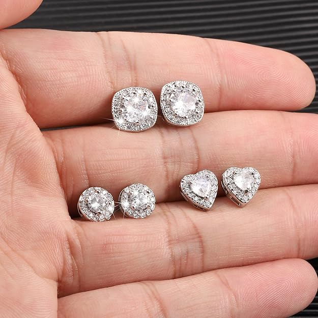 ALEXCRAFT Sterling Silver Stud Earrings for Women Girls Cubic Zirconia Halo Round Heart Square Diamond Large Silver Stud Set