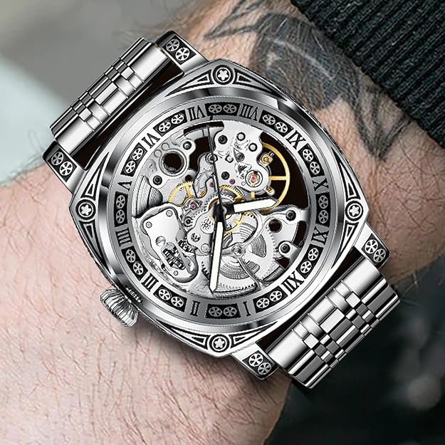 Carved Automatic Watches for Men, Retro Tattoo Skeleton Self-Winding Mechanical Watch Men's Automatic - 3 ATM Waterproof, Luminous Hands, Skeleton Dial, Ideal for Everyday Wear and Formal Occasions