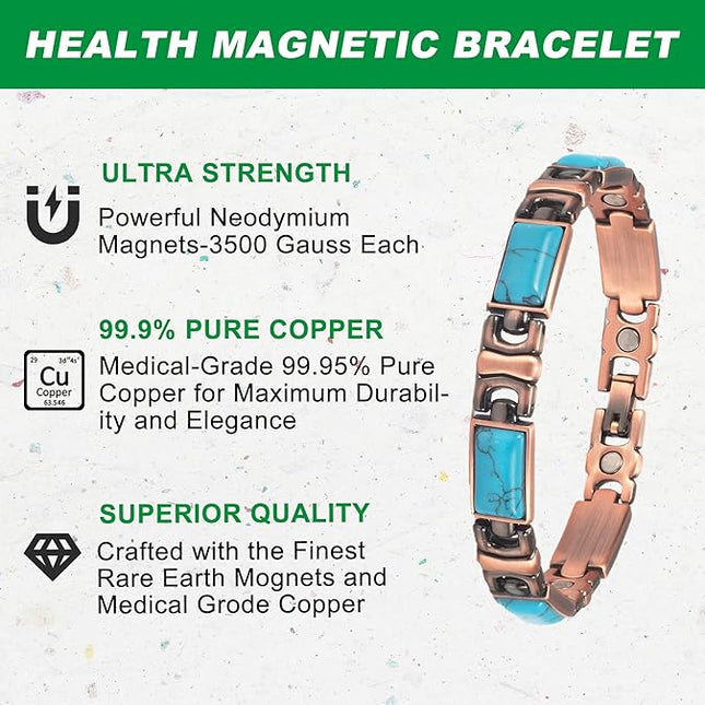 Wollet Women Magnetic Bracelet, Turquoise Pure Copper Bracelet for Women Magnetic Carpal Tunnel Women Adjustable Bracelet (Blue Turquoise