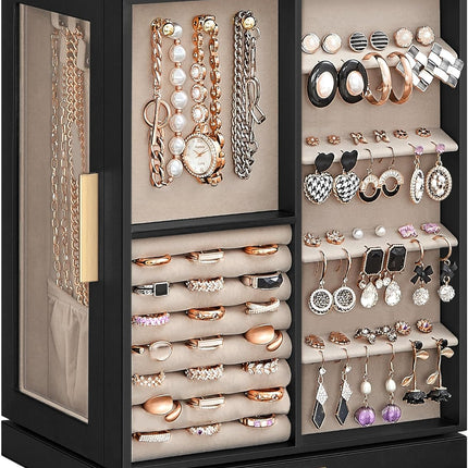 SONGMICS Jewelry Box 360° Rotating, Jewelry Storage Case with 5 Drawers, Jewelry Organizer, Glass Window, Spacious, Vertical Jewelry Storage, Open Design, Great Gift
