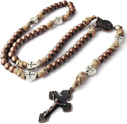 Large and Heavy Antique Bronze Metal Beads Rugged Durable Paracord Rosary Necklace with St.Michael Center Piece and Pardon Crucifix for Men