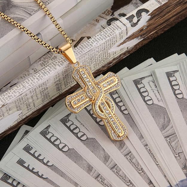 18k Gold Plated Infinite Hollow-out Cross Pendant Stainless Steel Inlay CZ Hip-hop Charm Necklace Jewelry Gift