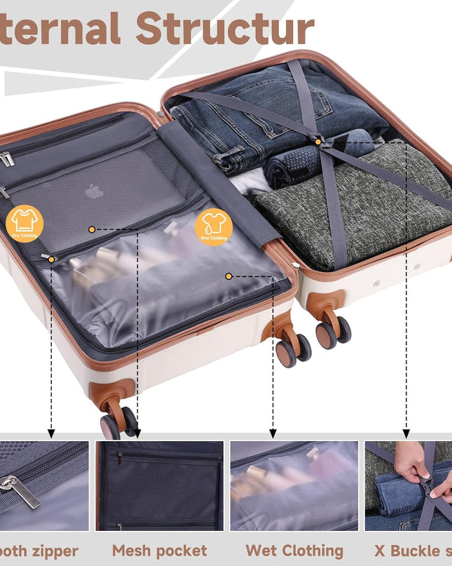 Hoteel Luggage Sets 3 Piece with Spinner Wheels TSA Lock (4-YEAR WARRANTY), Durable Carry On Suitcase Luggages, Wet-Dry Separation Compartment, ABS Hardshell for Travel, School, Beige(20/24/28in)