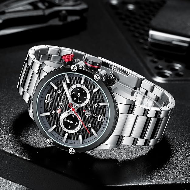 Mens Watches Luxury Silver Stainless Steel Chronograph Watch Fashion Business Big Face Waterproof Luminous Calendar Analog Quartz Wristwatch