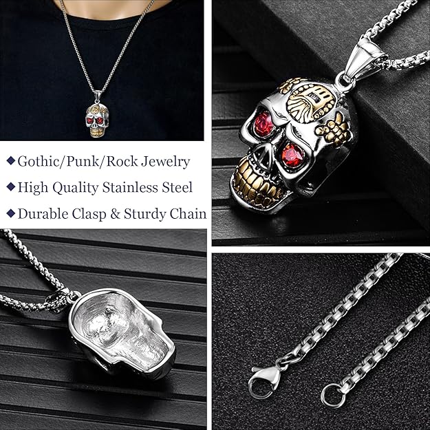 Gothic Skull Bullet Necklace for Men and Women Stainless Steel, Skull Cross Pendant Necklace Punk Statement Hip-hop Vintage Jewelry Come