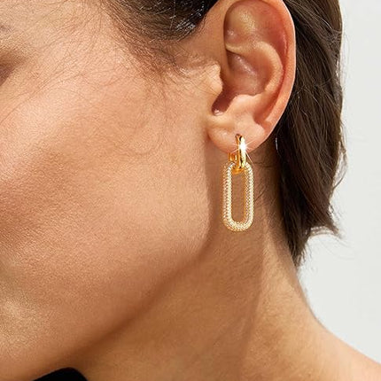 Gold Earrings for Women Trendy, Simple Dainty 14K Gold Plated Paperclip Square Chain Link Dangle Hoops Earrings Pin Stud Huggie Earrings Lightweight Hypoallergenic Minimalist Aesthetic Gold Jewelry for Women Teen Girls Christmas Gifts