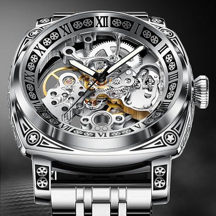 Carved Automatic Watches for Men, Retro Tattoo Skeleton Self-Winding Mechanical Watch Men's Automatic - 3 ATM Waterproof, Luminous Hands, Skeleton Dial, Ideal for Everyday Wear and Formal Occasions
