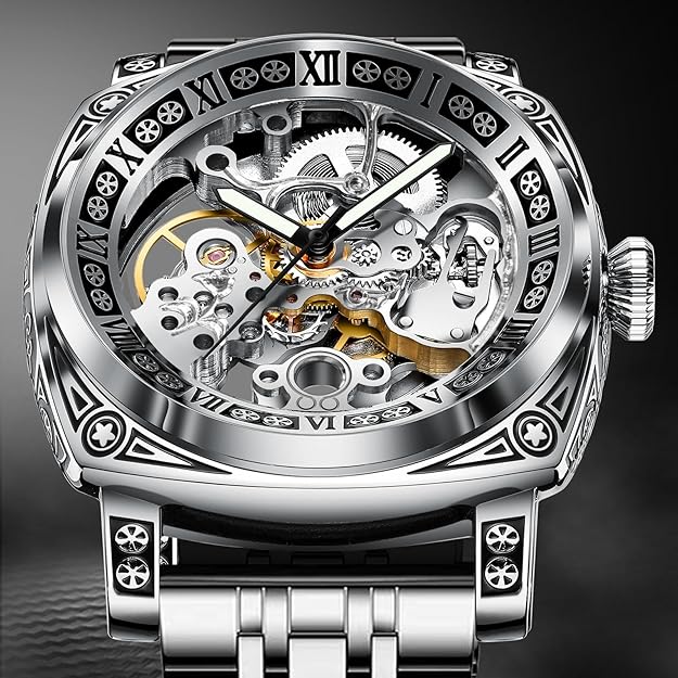 Carved Automatic Watches for Men, Retro Tattoo Skeleton Self-Winding Mechanical Watch Men's Automatic - 3 ATM Waterproof, Luminous Hands, Skeleton Dial, Ideal for Everyday Wear and Formal Occasions