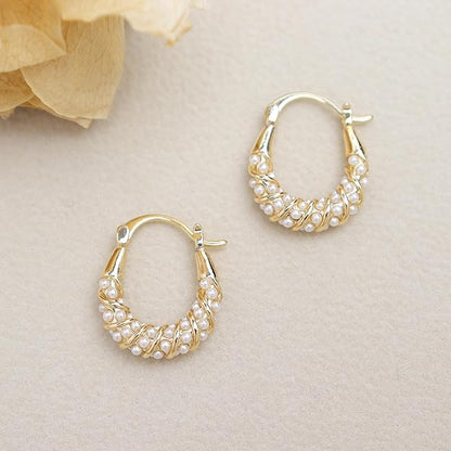 Jean Beau Gold Pearl Hoop Earrings for Women, Trendy 14k Gold Plated Statement Hypoallergenic Earrings Fashion Jewelry Gift