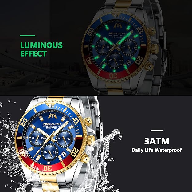 MEGALITH Mens Watches Stainless Steel Waterproof Analog Quartz Fashion Business Chronograph Watch for Men, Auto Date