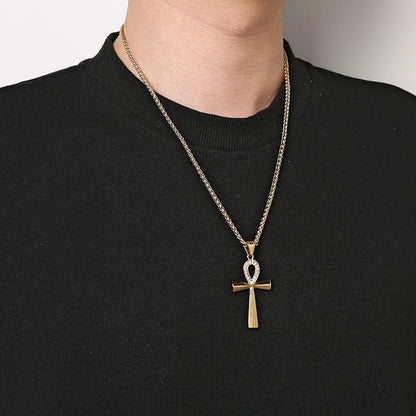 HZMAN Men's Stainless Steel Coptic Ankh Cross Religious Pendant Necklace, 22+2" Rope Chain