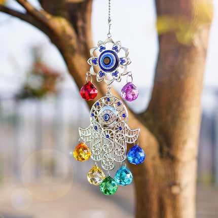 Hamsa Hand with Blue Evil Eye Protection Hanging Crystal Ornament with Chakra Energy Crystal Balls