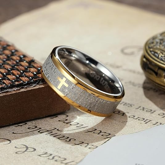 King Will Stainless Steel Men Ring 8mm Lord's Prayer Cross Ring Stainless Steel Men Wedding Ring, Gold/Silver/Black Wedding Band Bible Engraved Rings High Polished, Comfort Fit Size 7-14