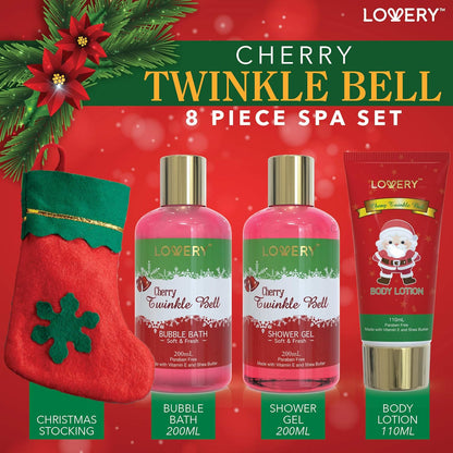 Bath and Body Christmas Gift Basket For Women and Men – Cherry Twinkle Bell Home Spa Set, IncludesFragrant Body Lotions, Bath Salts, Stocking Stuffer,Loofah Scrubber and More