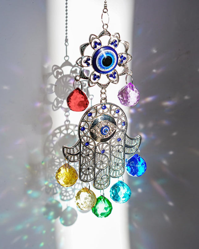 Hamsa Hand with Blue Evil Eye Protection Hanging Crystal Ornament with Chakra Energy Crystal Balls