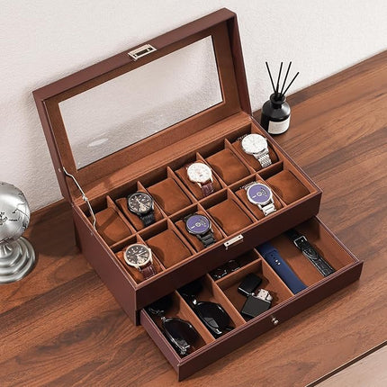 ProCase Watch Box for Men, 12 Slot Mens Watch Case With Drawer, Watch Display Case With Glass Lid, 2-Layer Watch Holder Organizer, Jewelry and Watch Storage for Men Women -12Slot, Espresso