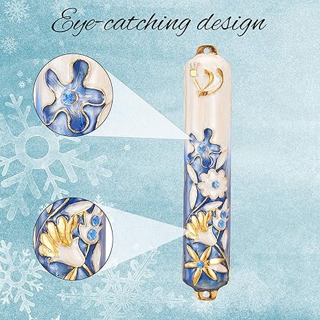 Matashi Hand Painted Blue and Ivory Enamel Flower Mezuzah Embellished with Gold Accents and Crystals Home Door Wall Decor Housewarming Present Gift for Festival(5.5 inch)