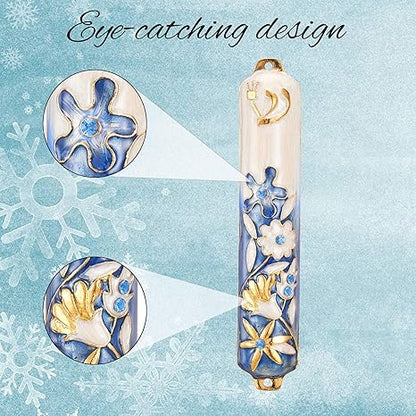 Matashi Hand Painted Blue and Ivory Enamel Flower Mezuzah Embellished with Gold Accents and Crystals Home Door Wall Decor Housewarming Present Gift for Festival(5.5 inch)