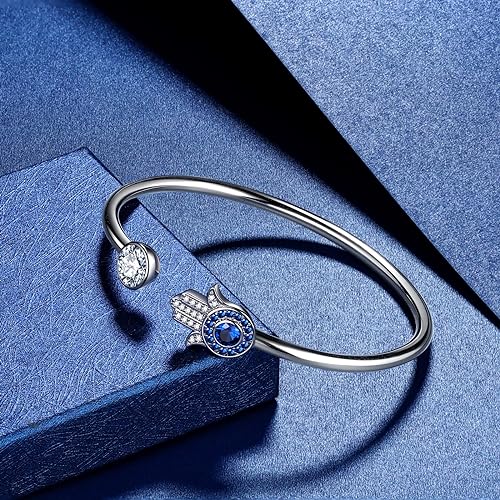 beautlace Hamsa Hand of Fatima Evil Eye Bangle Silver Plated Adjustable Hand Bracelets